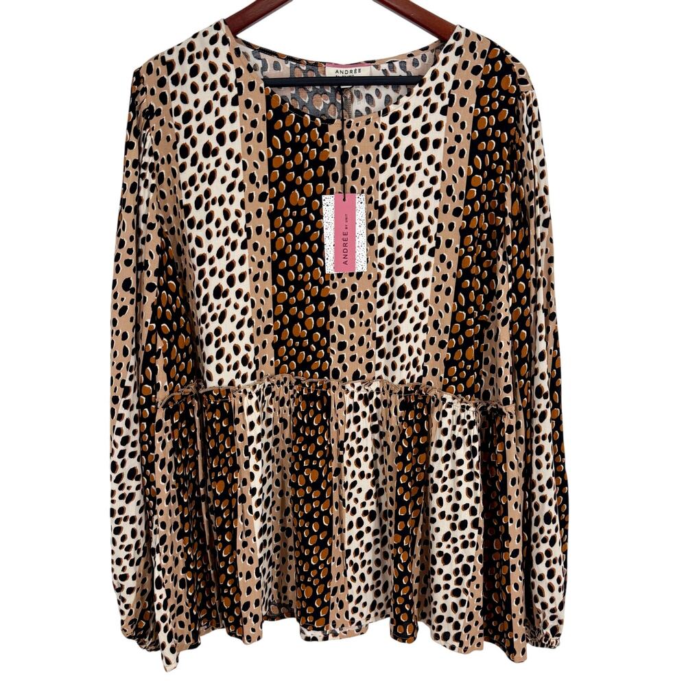 NEW NWT Andree by Unit Plus Size 3X Brown Animal Print Cozy Blouse Shirt Top